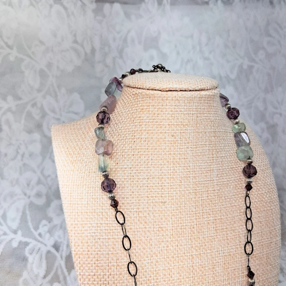 Fluorite Stone Beaded Necklace Purple Green Healing Clarity Balance Crystal